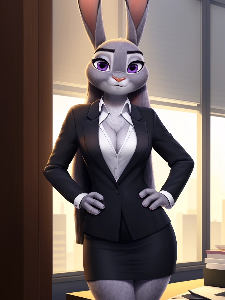 best quality,
masterpiece,
hyper Realistic,
ultra-detailed,
beautiful detailed,
Portrait,
Looking at the audience,
background is an office,
(Face is JudyHopps:1.2),
NamiFinal,
((long straight hair)),
wispy bangs, bangs,
purple eyes,
(arched eyebrows:1.1),
(uplift eyebrows:1.1),
(rabbit ears:1.1),
office lady is wearing suit,
((White blouse)),
((Black blazer jacket)),
((Black skirt)),
clothes made of cotton,
stomach is completely exposed,
Navel is completely exposed,
Cleavage is completely exposed,
((shoulder is completely exposed)),
(outfit is made of felt:1.4),
(((body is made fur))),
(((fluffy and fluffy))),
(furry:1.4),
human hands,
(solo:1.5),
(1 lady:1.5),
one character only
alone,
Perfect Anatomy