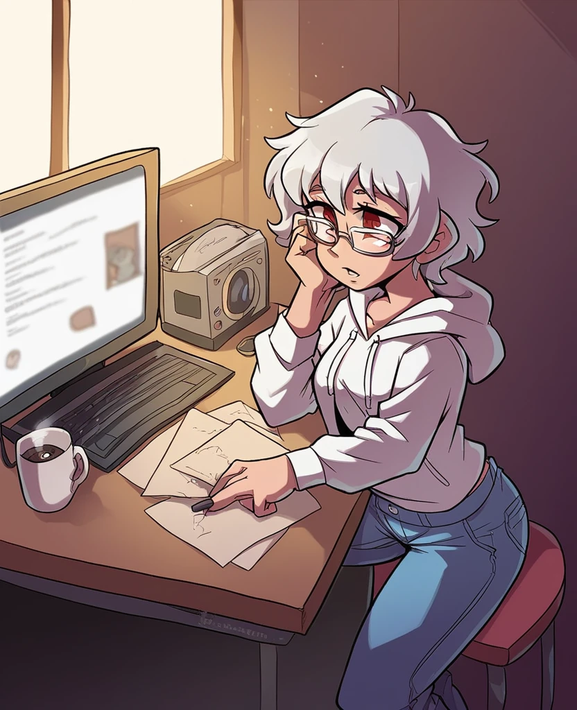 ((Perfect human body)),1girl,Silver Hair,Red eyes,Curly medium short hair,Square glasses,Wearing a large white coat,hoodie,,Dairy-free,garter belt,Sit on a chair,desk,Character portrait,full Art,Large surveillance monitor,computer,Messy desk,Short denim pants,Own coffee,hold one&#39;s head,irritated face