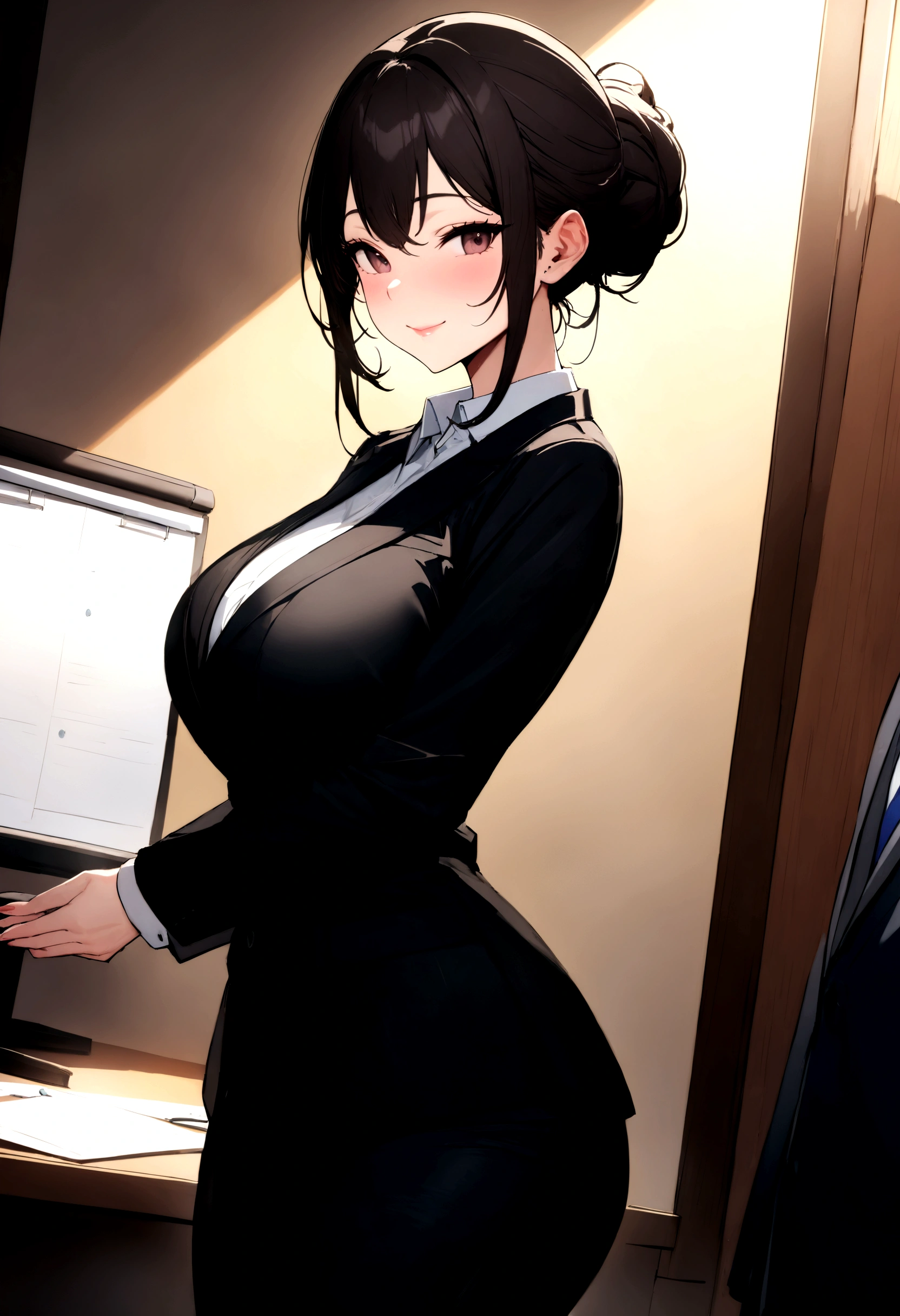 A Japanese female teacher, as beautiful as a 55-year-old actress, teaching in a Japanese school's student guidance office, (big breasts, big hips), curvy, (best quality, masterpiece, 16k, ultra detailed, beautiful skin, professional lighting), (actress: 1.2), (suit: 1.2), black chignon, smile