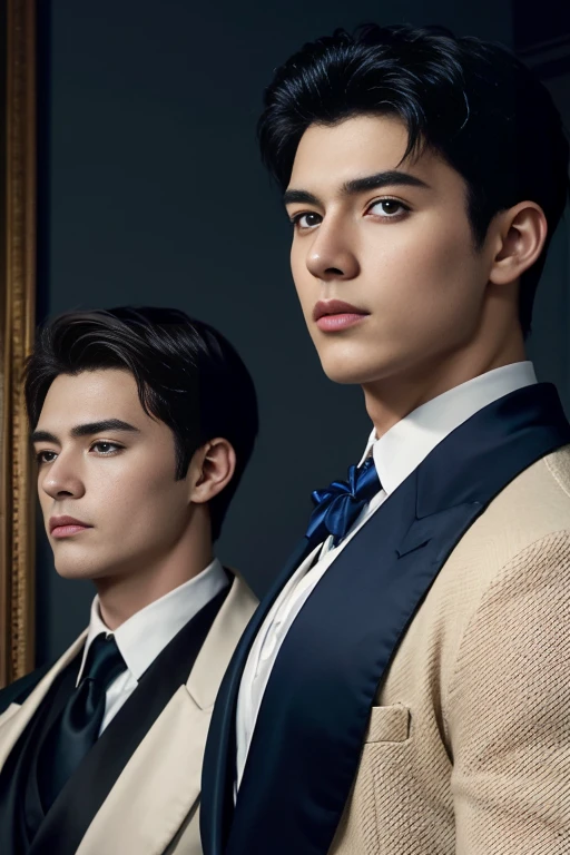 ((masterpiece)),((best quality)),8K,high detail,Very detailed, Very manly,3 men, like,fashion pose, Realistic skin texture, Light,
Royal blue style couple