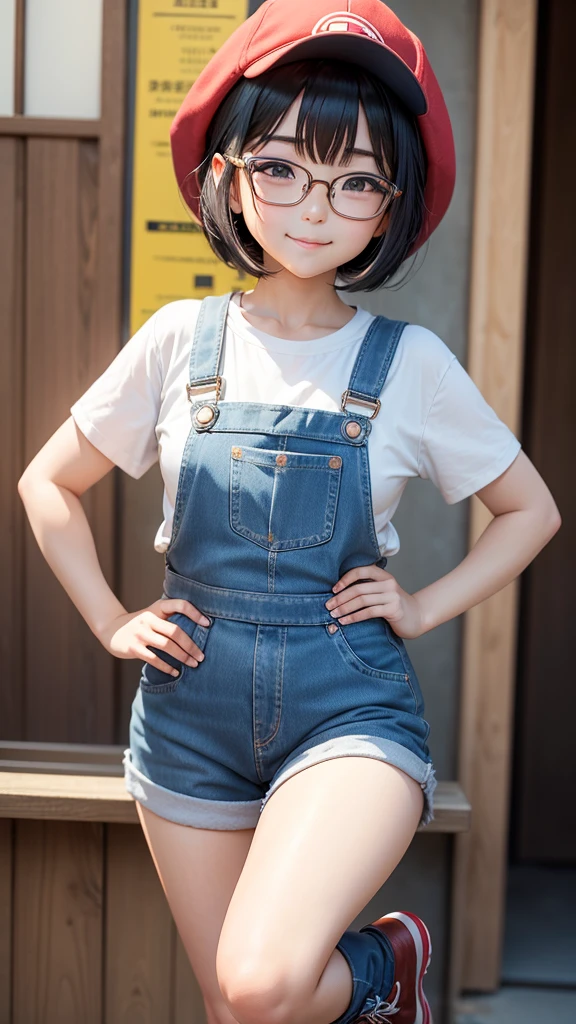 Body Type: 小柄でやや丸みを帯びたBody Type。Overall it&#39;s cute、Gives a slightly childish impression。
	• Face shape: Round face。Plump cheeks。
	• eye: Big, round eyes。The eyes are black、Sparkling like an anime character。
	• Eyebrow: Narrow and arched。gently、Gives a cute impression。
	• nose: smallて丸い。
	• mouth: small、When you smile, both ends rise up.。She has a bright and cheerful smile。
	•hairdo: With short black hair、The bangs are blunt。
	•clothing: Wearing large round glasses。Wearing a red cap、In front of the cap「Arare」it is written like this。Blue overalls and white T-shirt、Wearing yellow boots。
	• Pause: Raise your right hand high「Uncha」&quot; he said cheerfully.。The left hand is on the hip。
	• background: You can see Dr. Yamabuki&#39;s house in Penguin Village.。The house is a brown wooden structure.、The roof is made of blue tiles。There is a well-kept garden in front of the house.、Colorful flowers々is blooming。The sky is blue and clear.、White clouds float、The bright sunlight illuminates everything。