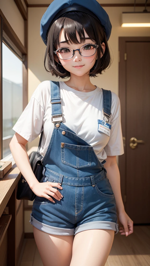 Body Type: 小柄でやや丸みを帯びたBody Type。Overall it's cute、Gives a slightly childish impression。
• Face shape: Round face。Plump cheeks。
• eye: Big, round eyes。The eyes are black、Sparkling like an anime character。
• Eyebrow: Narrow and arched。gently、Gives a cute impression。
• nose: smallて丸い。
• mouth: small、When you smile, both ends rise up.。She has a bright and cheerful smile。
•hairdo: With short black hair、The bangs are blunt。
•clothing: Wearing large round glasses。Wearing a red cap、In front of the cap「Arare」it is written like this。Blue overalls and white T-shirt、Wearing yellow boots。
• Pause: Raise your right hand high「Uncha」" he said cheerfully.。The left hand is on the hip。
• background: You can see Dr. Yamabuki's house in Penguin Village.。The house is a brown wooden structure.、The roof is made of blue tiles。There is a well-kept garden in front of the house.、Colorful flowers々is blooming。The sky is blue and clear.、White clouds float、The bright sunlight illuminates everything。