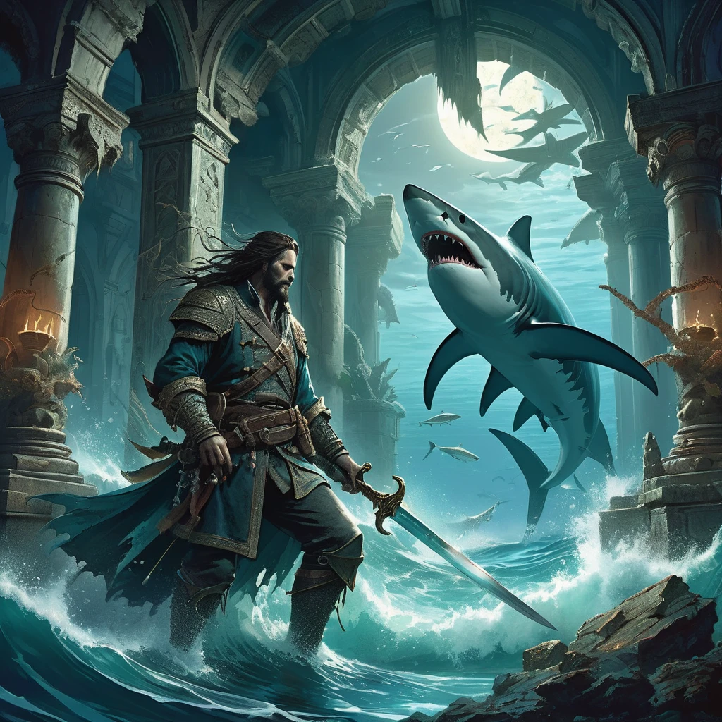 Visualize a medieval dark fantasy scene where a shark-headed pirate prowls through the ruins of an ancient temple, its stone walls adorned with faded murals depicting forgotten gods and mythical sea creatures. The pirate's humanoid body is clad in weathered leather and tattered cloth, adorned with barnacles and seaweed that intertwine with his rough, scaled skin.
Atop his shoulders rests the fearsome visage of a shark, its eyes glinting with a predatory gleam as if forever hunting in the depths. His hands grip an enchanted sword, its blade shimmering with a faint, ethereal glow that pulses with the power of ancient sea magic. The hilt is encrusted with sea pearls and coral, a testament to the pirate's deep connection to the ocean's depths.
Around them, the air is heavy with the scent of saltwater and decay, mingling with the distant echoes of crashing waves and the mournful cries of seabirds. Moonlight filters through broken domes and shattered stained glass windows, casting ethereal patterns on the temple's crumbling floor.
Capture the eerie and formidable presence of this medieval dark fantasy shark-headed pirate as he navigates the ruins of the temple, embodying the relentless spirit of the sea and the enigmatic allure of ancient mysteries waiting to be uncovered in a world where land and sea converge in haunting harmony.