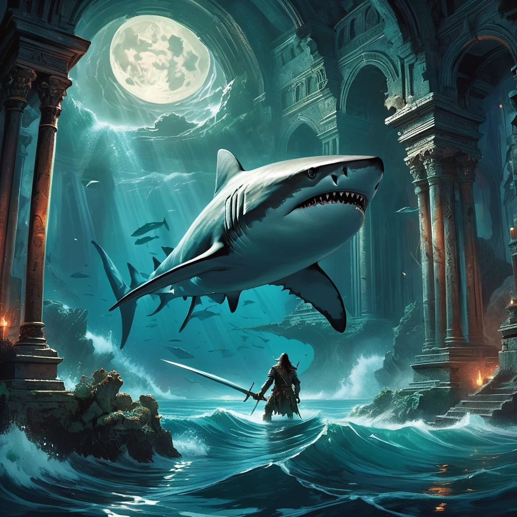 Visualize a medieval dark fantasy scene where a shark-headed pirate prowls through the ruins of an ancient temple, its stone walls adorned with faded murals depicting forgotten gods and mythical sea creatures. The pirate's humanoid body is clad in weathered leather and tattered cloth, adorned with barnacles and seaweed that intertwine with his rough, scaled skin.
Atop his shoulders rests the fearsome visage of a shark, its eyes glinting with a predatory gleam as if forever hunting in the depths. His hands grip an enchanted sword, its blade shimmering with a faint, ethereal glow that pulses with the power of ancient sea magic. The hilt is encrusted with sea pearls and coral, a testament to the pirate's deep connection to the ocean's depths.
Around them, the air is heavy with the scent of saltwater and decay, mingling with the distant echoes of crashing waves and the mournful cries of seabirds. Moonlight filters through broken domes and shattered stained glass windows, casting ethereal patterns on the temple's crumbling floor.
Capture the eerie and formidable presence of this medieval dark fantasy shark-headed pirate as he navigates the ruins of the temple, embodying the relentless spirit of the sea and the enigmatic allure of ancient mysteries waiting to be uncovered in a world where land and sea converge in haunting harmony.