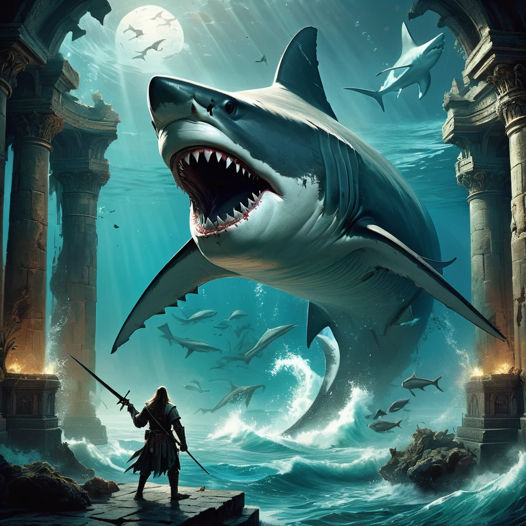Visualize a medieval dark fantasy scene where a shark-headed pirate prowls through the ruins of an ancient temple, its stone walls adorned with faded murals depicting forgotten gods and mythical sea creatures. The pirate's humanoid body is clad in weathered leather and tattered cloth, adorned with barnacles and seaweed that intertwine with his rough, scaled skin.

Atop his shoulders rests the fearsome visage of a shark, its eyes glinting with a predatory gleam as if forever hunting in the depths. His hands grip an enchanted sword, its blade shimmering with a faint, ethereal glow that pulses with the power of ancient sea magic. The hilt is encrusted with sea pearls and coral, a testament to the pirate's deep connection to the ocean's depths.

Around them, the air is heavy with the scent of saltwater and decay, mingling with the distant echoes of crashing waves and the mournful cries of seabirds. Moonlight filters through broken domes and shattered stained glass windows, casting ethereal patterns on the temple's crumbling floor.

Capture the eerie and formidable presence of this medieval dark fantasy shark-headed pirate as he navigates the ruins of the temple, embodying the relentless spirit of the sea and the enigmatic allure of ancient mysteries waiting to be uncovered in a world where land and sea converge in haunting harmony.