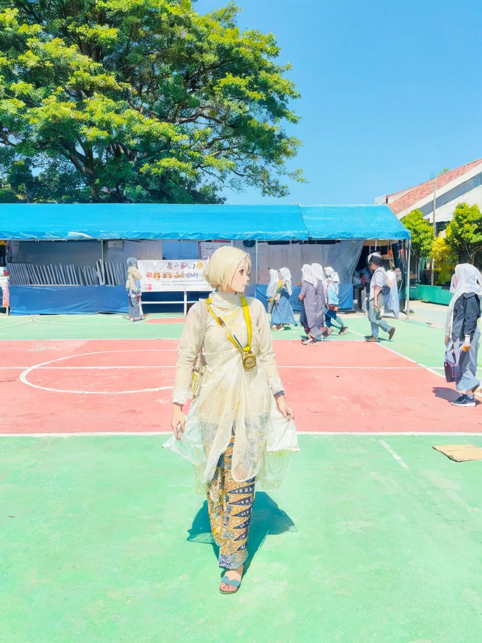 A girl holding a map walk in the market