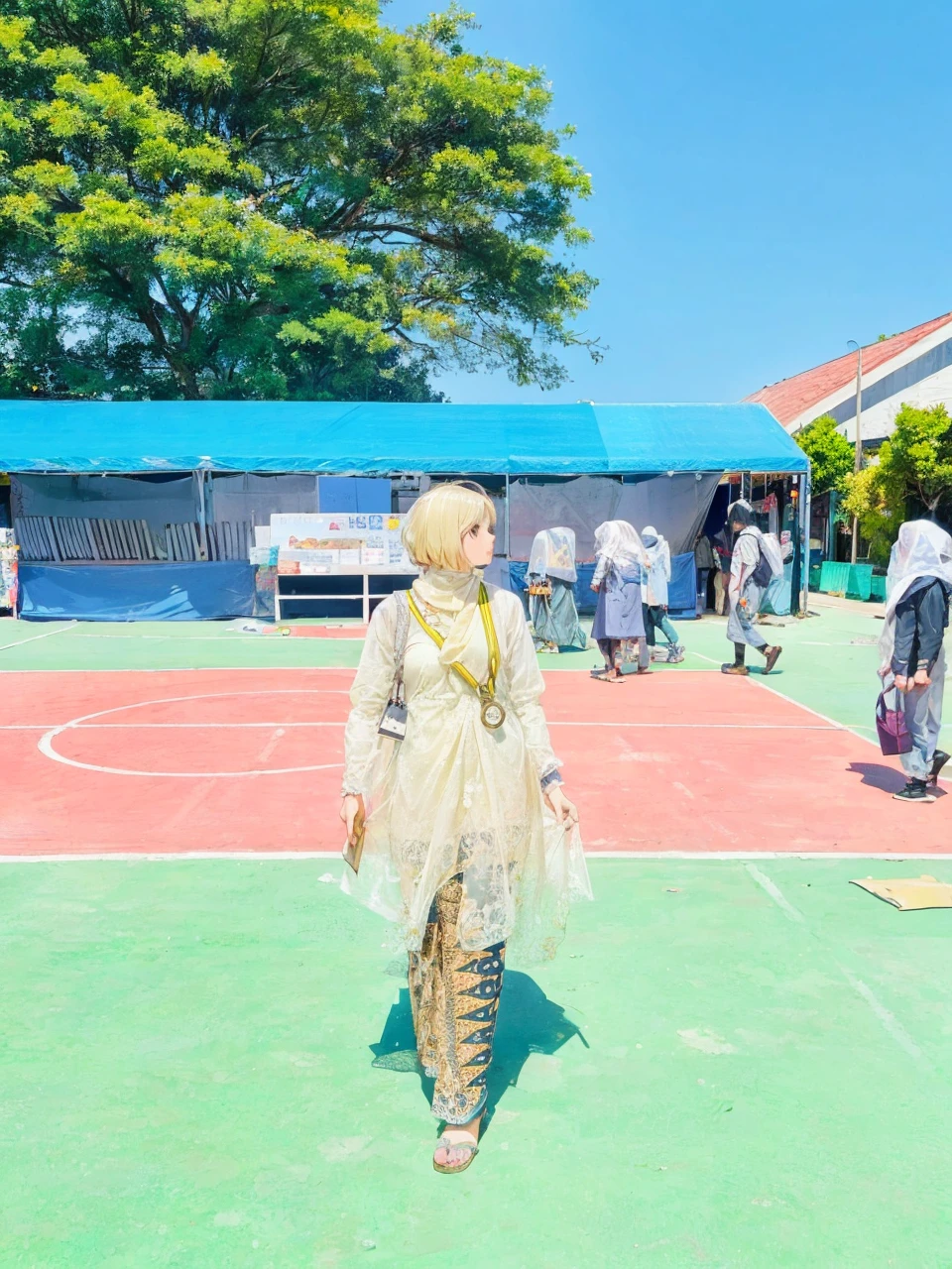 A girl holding a map walk in the market