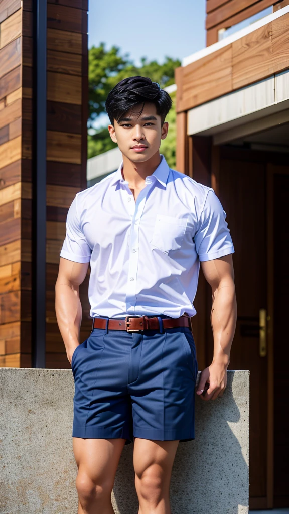 Masterpiece, best quality, High quality, วอลล์เปเปอร์ CG unity 8k ที่มีvery detailed, depth of field, HDR,,photorealistic,very detailed, 1 man sitting on a chair, Asia, black short hair, , (Thai , white shirt), blue cargo shorts, chest muscles, Big arm muscles, blood vessel, big muscles, Broad shoulders, looking at the audience, Balancing the eyes, (Make eye contact) (outside the building:1.3)