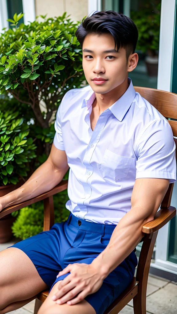 Masterpiece, best quality, High quality, วอลล์เปเปอร์ CG unity 8k ที่มีvery detailed, depth of field, HDR,,photorealistic,very detailed, 1 man sitting on a chair, Asia, black short hair, , (Thai , white shirt), blue cargo shorts, chest muscles, Big arm muscles, blood vessel, big muscles, Broad shoulders, looking at the audience, Balancing the eyes, (Make eye contact) (outside the building:1.3)
