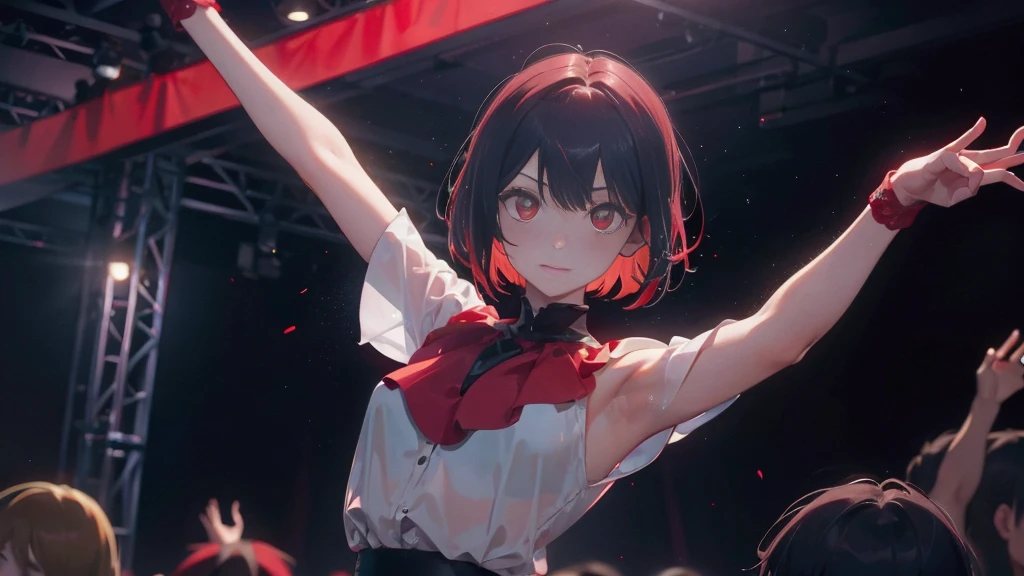 A short bob-haired, red-eyed,dance,Five fingers,live