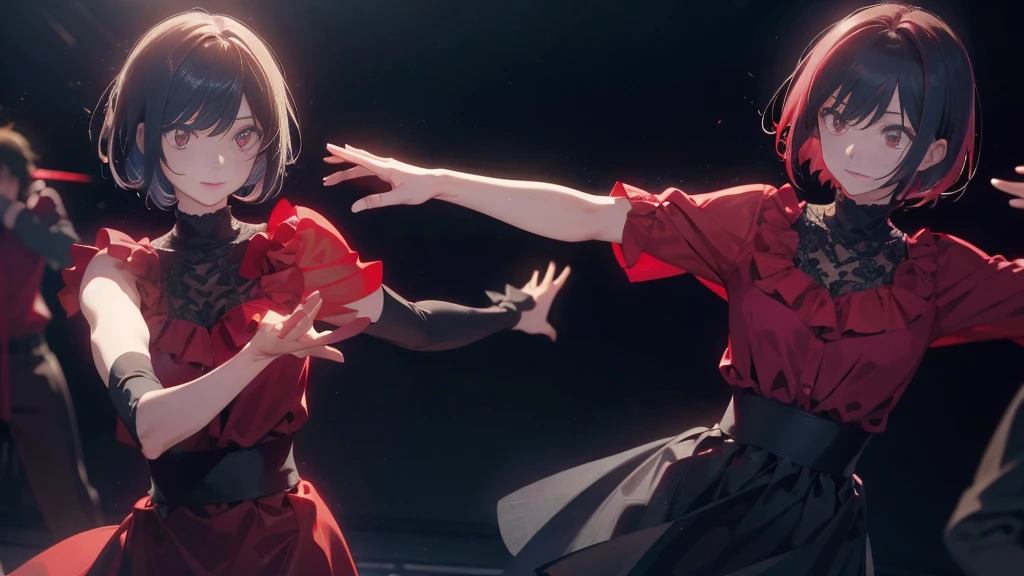 A short bob-haired, red-eyed,dance,Five fingers,live