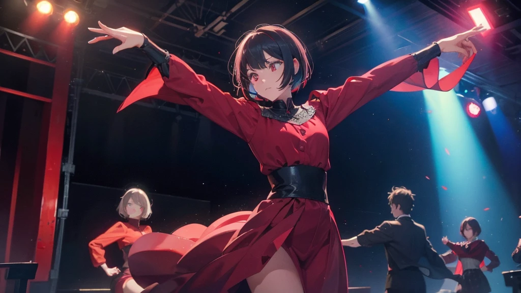 A short bob-haired, red-eyed,dance,Five fingers,live