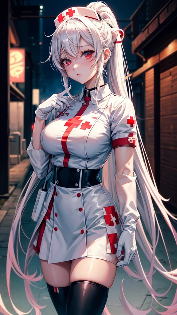 masterpiece, best quality, high_resolution, fine details, very detailed and beautiful, distinct_image, 1 girl, solo, silver-haired, red eyes, dragon horns, (huge), (),hospital,curvy, ,(nurse costume),thighhigh,(skirt),gesture