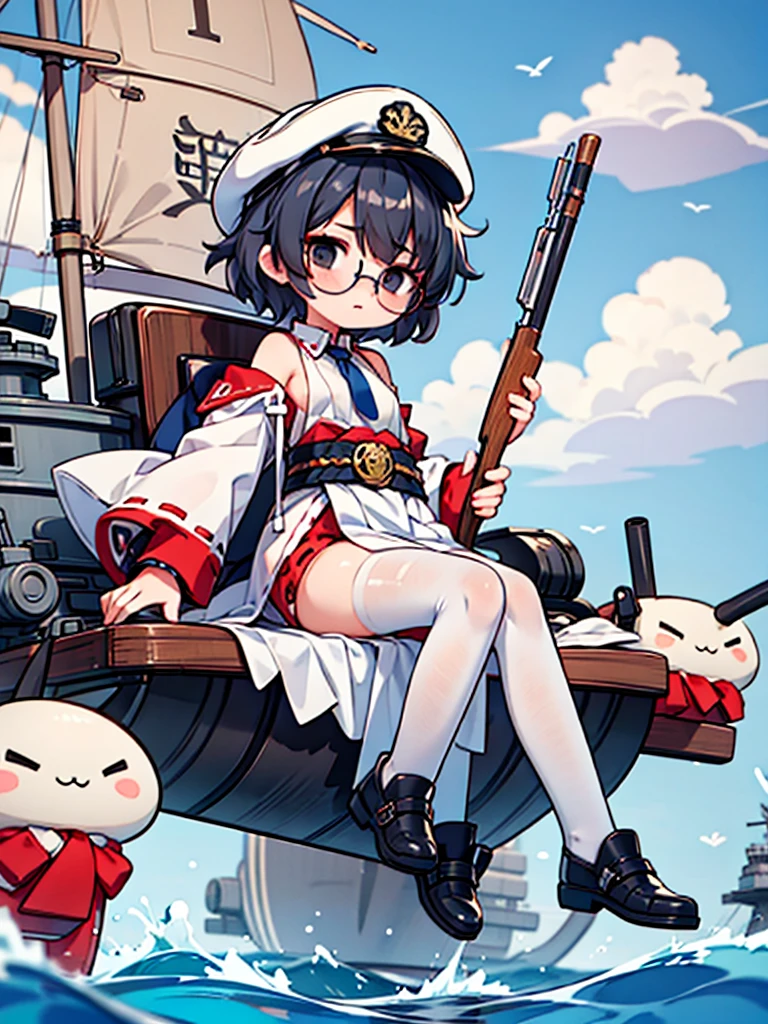 ((((Full body of a woman with perfect flat chest、solo、Short unkempt black hair、Tie your messy hair at the nape of your neck、white military jacket、Miko costume、tights、Black glasses、White military cap、Cloudy black eyes、Sleepy expression)))), (((masterpiece))), (((Shipgirl))), ((Floating on the morning sea with both feet)), (Spread your legs wide open), (Hold the turret with your right hand), (Mechanical arms extending from the waist are used to equip the ship with battleship equipment.), (Equipped with a turret on the back), (Holds the turret with his left arm), Shotgun shells are attached to the thigh with a belt, Spreading the Machine's Wings, Machine tail, shotgun,