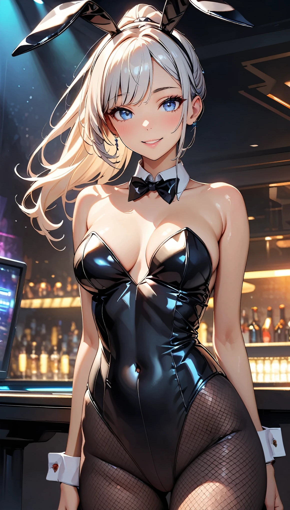 (Highest quality:1.2, High detail, masterpiece:1.2, Best aesthetics), (1 Girl), Cowboy Shot, ((Playboy Bunny, Fishnet tights:1.2, Bunny ears, ハイレグ leotard, 白leotard:1.1, leotard)), (Silver Hair, ponytail, Asymmetrical bangs, Light blue eyes), Beautiful detailed eyes, Beautiful detailed lips, Highly detailed face, Detailed Fashion, elegant, luxury, High quality fabric, Shine, Shine, smile, Random Pause, Dutch Angle, bar, Nightclub, night, Dramatic lighting, Cinematic, Bright colors, Intricate details, Chiaroscuro lighting.