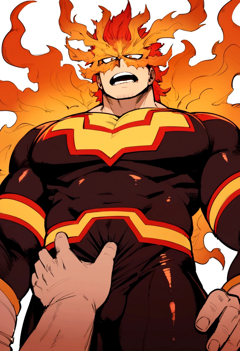 Endeavor, my hero academia, from front, super fine, bodysuits, middle-aged man, hunk, looking down and mouth wide open with shocked face, crotch grab, crotch squeeze,