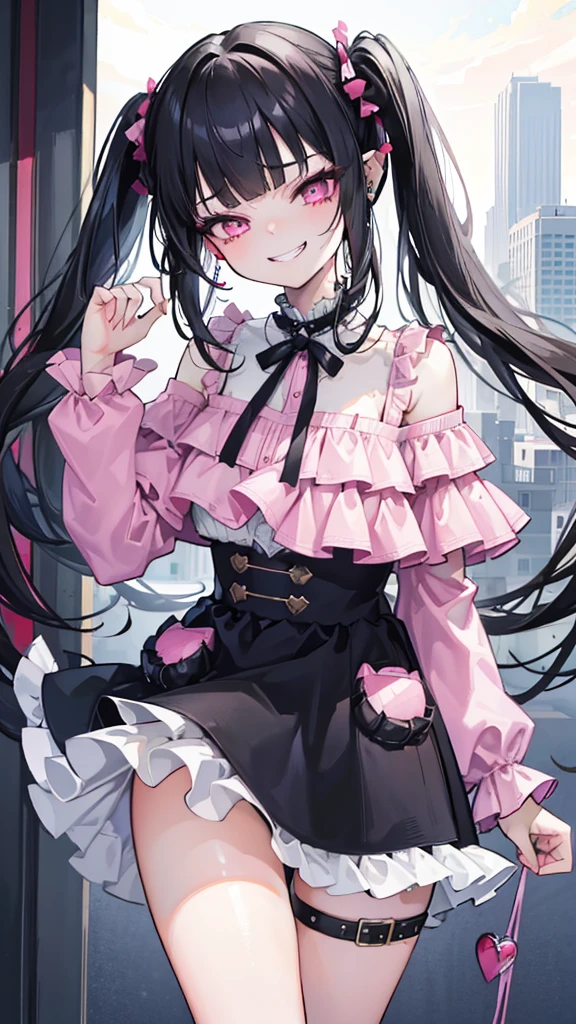 (8K、Highest image quality、highest quality、masterpiece)、detailed face、1 girl、black hair、long hair、twintails、blunt bangs、pink eyes、evil smile、((grin))、earrings、Moderate chest、pink clothes、frills、((off shoulder))、black mini skirt、cowboy shot、burnig downtown background,evil huge laugh,lipstick,sadistic smile,deep shaded face,,smile worst,worst ridecule,evil moukery,,,two hands,five fingers