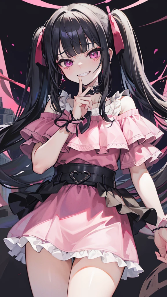 (8K、Highest image quality、highest quality、masterpiece)、detailed face、1 girl、black hair、long hair、twintails、blunt bangs、pink eyes、evil smile、((grin))、earrings、Moderate chest、pink clothes、frills、((off shoulder))、black mini skirt、cowboy shot、burnig downtown background,evil huge laugh,lipstick,sadistic smile,deep shaded face,,smile worst,worst ridecule,evil moukery,,,two hands,five fingers