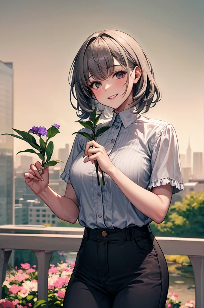 masterpiece, Highest quality, One girl, Gray Hair, smile, View your viewers, Adult, Fully mature, Holding flowers