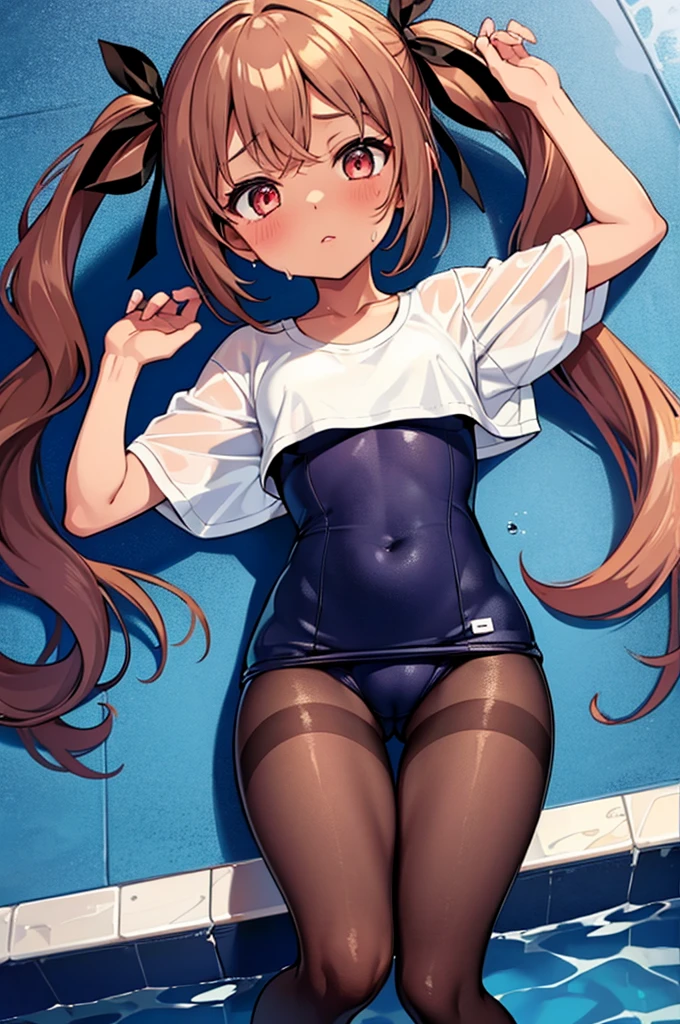 masterpiece, best quality, ultra detailed,,1girl, blush, sweat,  hair ribbon, twin tails, ((school swimsuit)), pantyhose, dark skin, slender, dynamic pose, pool