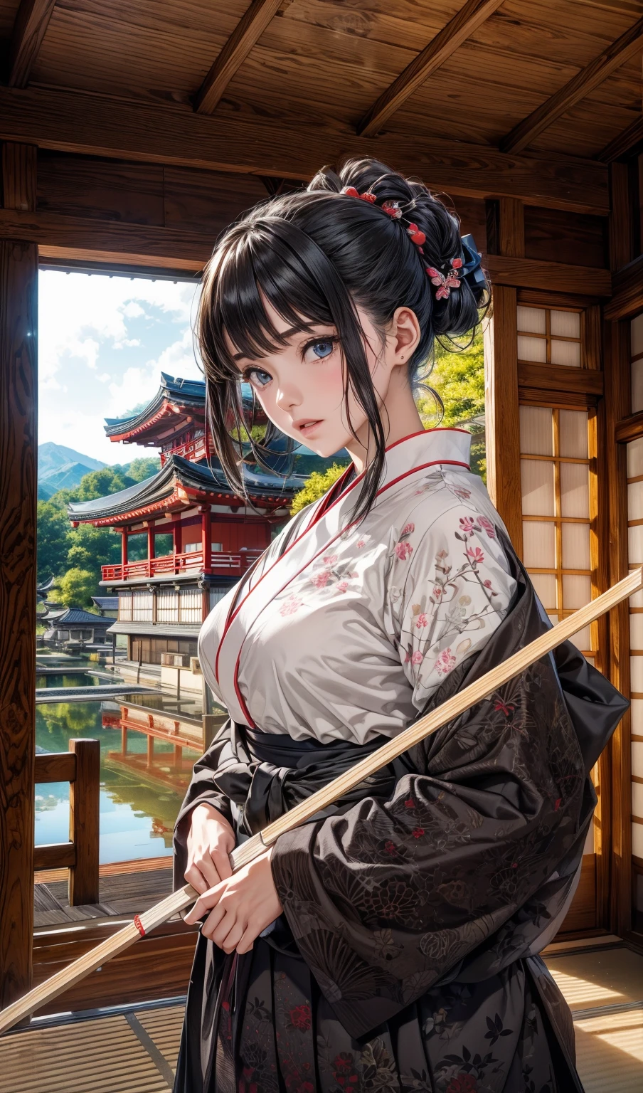 Holding a bow、40-year-old woman、kimono、The bow is made of wood、Japan bow、Sunny and clear sky、The shrine is reflected in the pond、kimonoは無地、The blue sky is spreading、Japanese-style room and glossy wooden veranda、Wooden scaffolding、The part of the bow you hold is a white string spool.、The floor is tatami、Tatami room、The background is a stagnant pond、