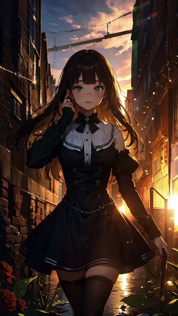 blunt bangs, green eyes, Brown hair, cross, many rose, Gothic