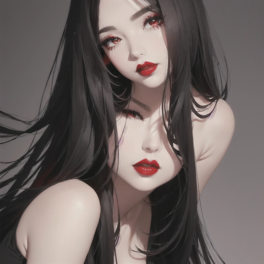 a close up of a woman with long hair and a black top, red lips, thick red lips, faint red lips, thick lips, deep red lips, sexy red lips, small and thick red lips, dark red lips, 🤤 girl portrait, frontal picture, red lipstick on face, full lips, dark lipstick, with very thin lips, in front of a black background