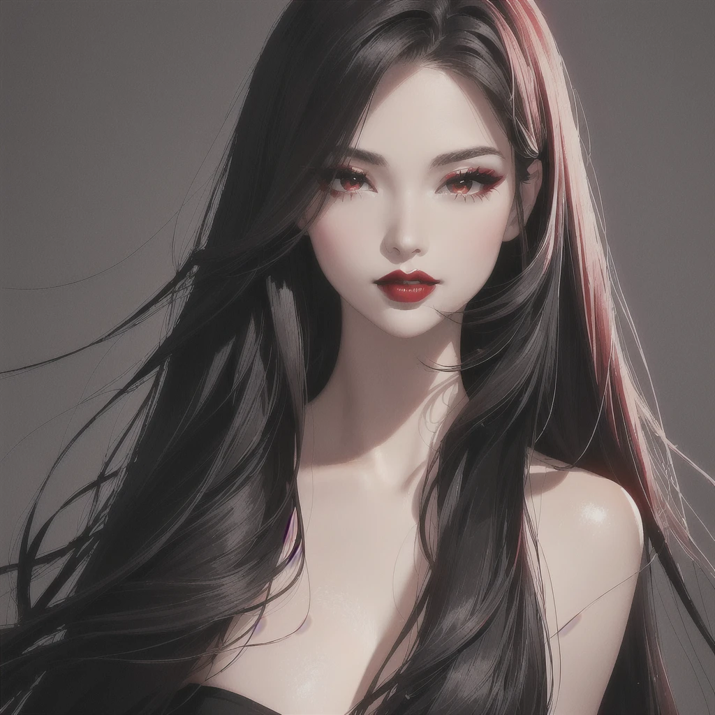 a close up of a woman with long hair and a black top, red lips, thick red lips, faint red lips, thick lips, deep red lips, sexy red lips, small and thick red lips, dark red lips, 🤤 girl portrait, frontal picture, red lipstick on face, full lips, dark lipstick, with very thin lips, in front of a black background