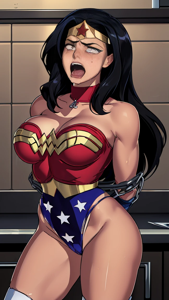 high qualiy,work of art,detailded(((visão de fully body))), (((wonder woman is in the kitchen, dressed as a maid)) ,((SUPERHEROINE wonder woman, high heel stilettos, lace panties, lace bra, maid uniform)), ((Emotional expression,expression of pain and despair, screaming in pain, expression of suffering, eyes wide)),(Wonder Woman sex slave, bombshell, onjeto sexual), (She's crying a loa tem cabelo preto, she has long hair)), ((She wears a thick collar around her neck)), (Masterpiece artwork, best qualityer) 1.5, 1 girl, standing alone, (sensuous, beautfull woman, face perfect, perfects eyes), fully body. ((She is wearing starry lace panties)), tears running down your face)), ((Wonder Woman in tied captivity ,arms are tied behind the back, right away, using some fixing method, like a rope or chain that runs from the wrists to an attachment point above, their arms are raised behind them until the person is forced to bend forward)), (((Emotional expression,expression of pain and despair, screaming in pain, expression of suffering, eyes wide, expression of fear, body writhing in pain))))
