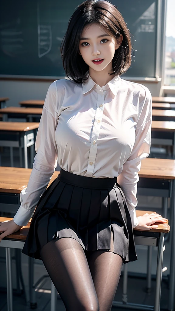 ((Dark Light、The Highest Quality、8k、master masterpiece:1.3))、(focus:1.2)、1女の子、(highschool class room、Casual Theme、inside the house:1.5)、(Slender abs beauty:1.4)、((layered haircut、small breasts:1.4))、(Look-Loo White Open Shirt:1.6)、{bra less:1.5}、(Short denim skirt:1.4)、 Very detailed face and skin texture、Breakdown、Double Eyelid、Whitening skin、(FULL BODY:1.5)、Sorrisos