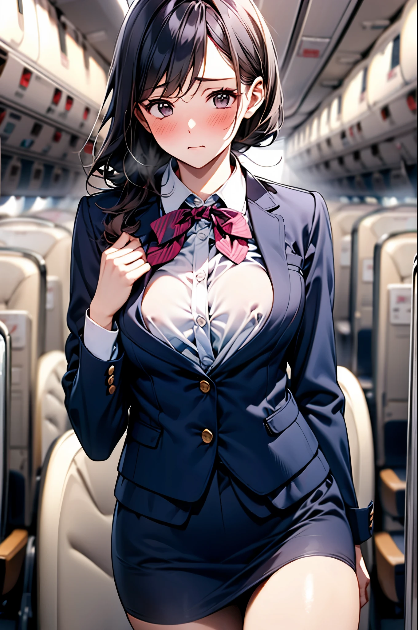 (1 person、alone), Beautiful woman, Anatomically perfect body, Slender、(stewardess、Cabin attendant), Japan Air Line uniform、Jacket、skirt、(Look down:1.2), (Pussy juice:1.1)、(Hold my chest:1.2)、20-year-old、(Highest quality)、Black Hair, (Half Up:1.1), On the plane、(8K, High resolution)、(shy:1.4)、medium breast, (steam:1.1), (embarrassed:1.3), show off nipples under shirt