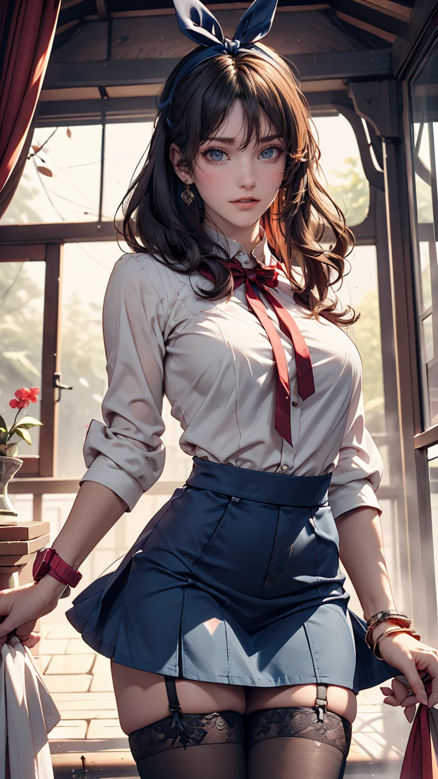 beautiful, masterpiece, Highest quality, Highly detailed face, Perfect lighting,One girl, alone, matoi ryuuko, Seraph of the Black, Black Skirt, Redhead, senketsu, Torn clothes, Underbust