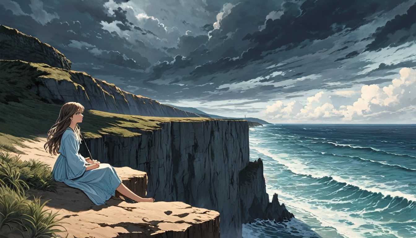 Sea with waves. A sky with dark clouds. A beautiful beach with cliffs. A sits precariously on a high cliff with an umbrella. Her girl's hair blows in the wind. Five pretty fingers.