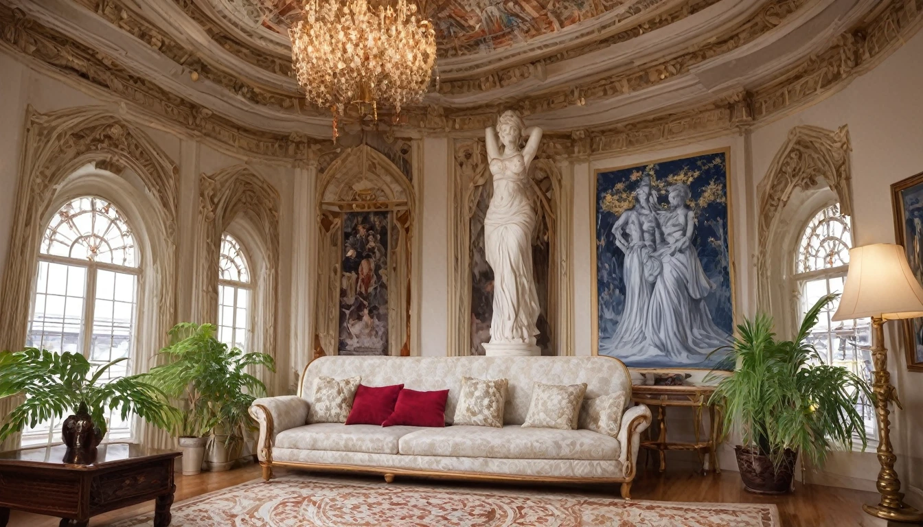 Describe a living room in a high-rise apartment in a city at sunset. The room has a large window with a beautifully lit Statue of Liberty visible outside. The interior features a beautiful poster, a white cushion, a dark blue sofa, and a couple of plants. There is also a table with a bottle of beer on it. The walls and floor are made of concrete. The ceiling is moderately high and has a standard ceiling light. Please provide an extremely detailed description of the scene, equivalent to a 16k resolution, with a focus on aesthetics and beauty." I made the following modifications to make the prompt clear and concise for the ChatGPT model: 1. Simplified the sentence structure and wording to make it easier to understand. 2. Removed ambiguous or idiomatic phrases (e.g. "おしゃれな" which can be difficult to translate). 3. Emphasized the key elements of the scene, including the Statue of Liberty, the interior design, and the plants. 4. Added specific details about the room, such as the shape of the sofa and the type of lighting. 5. Used precise vocabulary to describe the scene, including words like "beautifully lit" and "standard ceiling light