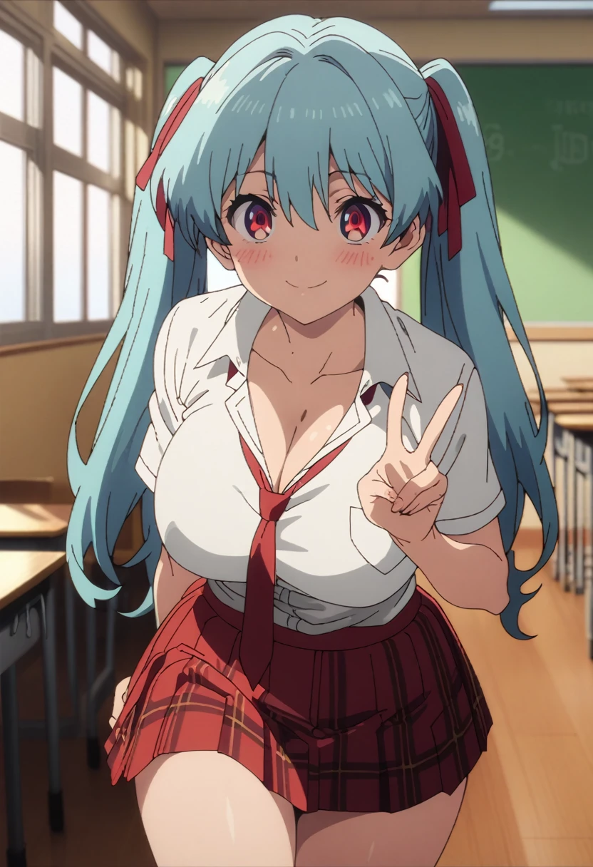 cel-shaded, (1990s_anime:1.0), detailed, high quality, masterpiece, best quality, very aesthetic, absurdres, anime screencap, miku. 1girl, solo, (red eyes:1.5), detailed eyes, light blue hair, twintails, long twintails, hair ribbons, (red miniskirt:1.5), plaid miniskirt, (white shirt:1.5), (school uniform:1.5), red tie, panties, thighs, classroom, windows, floor, curvy body, big breasts, blush, smile, sexy, collarbone, cleavage, cowboy shot, v symbol, v, from front, (looking at viewer:1.0)