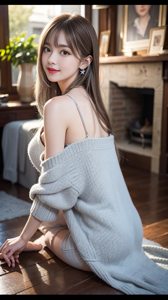 1 girl, Silver Hair, Brown hair, Dull bangs, Floating hair, Long hair, Fireplace awning, Eye of Water, Shining eyes, Long eyelashes, earrings, compensate, Smile, Open your mouth, Written border depth, First person perspective, From behind, from the side, upside down, F/1.8, 135 mm, Canon, 超HD, Retina, masterpiece, precise, Anatomically correct, Rough skin, Very detailed, Advanced Details, high quality, 最high quality, high resolution, 1080P, HD, 4K, 8K