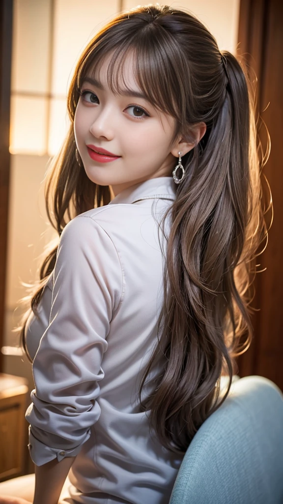 1 girl, Silver Hair, Brown hair, Dull bangs, Floating hair, Long hair, Fireplace awning, Eye of Water, Shining eyes, Long eyelashes, earrings, compensate, Smile, Open your mouth, Written border depth, First person perspective, From behind, from the side, upside down, F/1.8, 135 mm, Canon, 超HD, Retina, masterpiece, precise, Anatomically correct, Rough skin, Very detailed, Advanced Details, high quality, 最high quality, high resolution, 1080P, HD, 4K, 8K