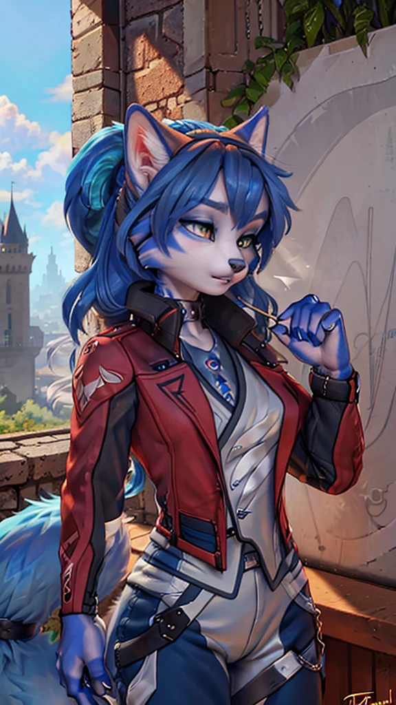 A beautiful and detailed (sweet picture) of ((Krystal)), Star Fox Krystal, detallierte augen, green eyes, medium breasts, (((Long blue hair 1.3))), ((black hair tips)), Decollete, anthro, furry, Uploaded E621, detailed fluffy fur, (wa Fluff-Kevlar, Bayard Wu, Personalami, Pino Daeni), detailed face, (fluffy), 1 girl, alone, brüste sind verdeckt