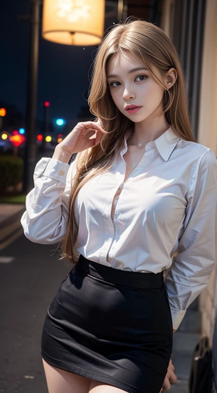 (One Girl), beautiful, Great face and eyes, compensate, (Very detailedbeautiful顔), (Sexiest Looks), (Large Breasts), (Highest quality:1.4), (Marron beige hair), (Very detailed CG 統合 8k 壁紙), Very detailed, RAW Photos, Professional photography, ((suit)), (Tight Skirt), (Button Open Business Shirt), (Business district, Night City, illumination), (Night Sky), Depth of written boundary,