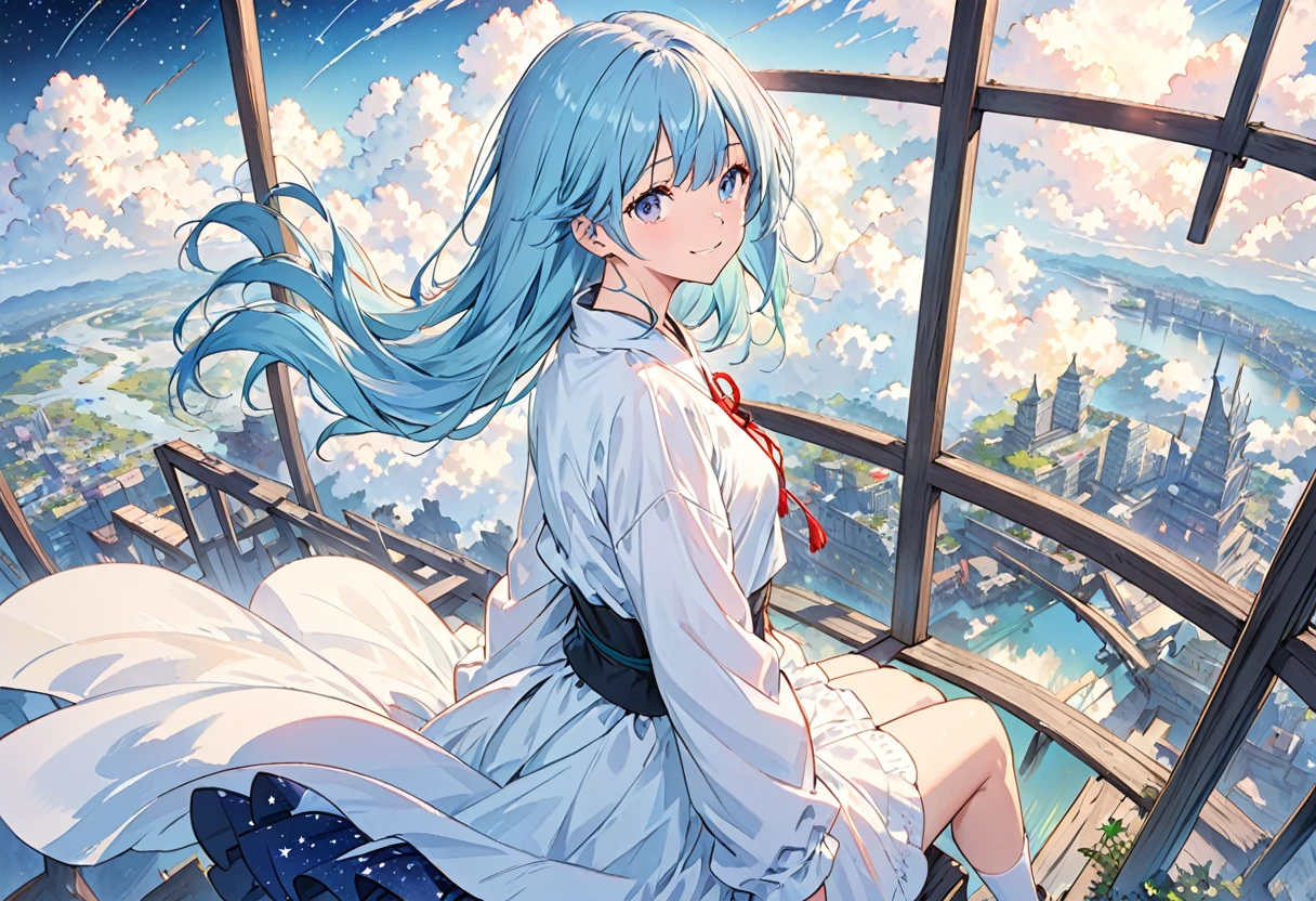[(White background:1.5)、::5]、masterpiece、Highest quality、Official Art、An illustration、Ligne Claire、(dream-like)、(colorful:1.3)、Perfect composition、Disorganized、Intricate details、Fantasy、focus、(At high pressure)、I can't see the ground、(Above the Clouds:1.4)、(Finely detailed modern lost_city:1.3)、(Above the Cloudsにそびえ立つlost_city:1.2)、narrative poem、(focus_girl:1.4)、(Girl on top of the city of broken bridges)、 Three-part method、white_Jacket and white_shirt,black_beltskirt,very_long_hair,beside,Light blue hair,overhead_viewer,The wind blows to the viewer,side_face,(The ground is starry_sky),smile,Sitting,(depth_of_field),Shiina Mahiru,Eyes