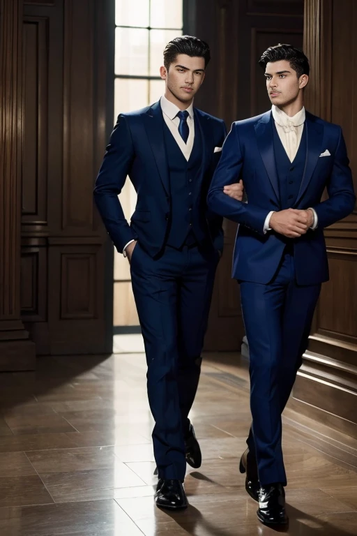 ((masterpiece)),((best quality)),8K,high detail,Very detailed, Very manly,3 men, like,fashion pose, Realistic skin texture, Light,
Royal blue style couple