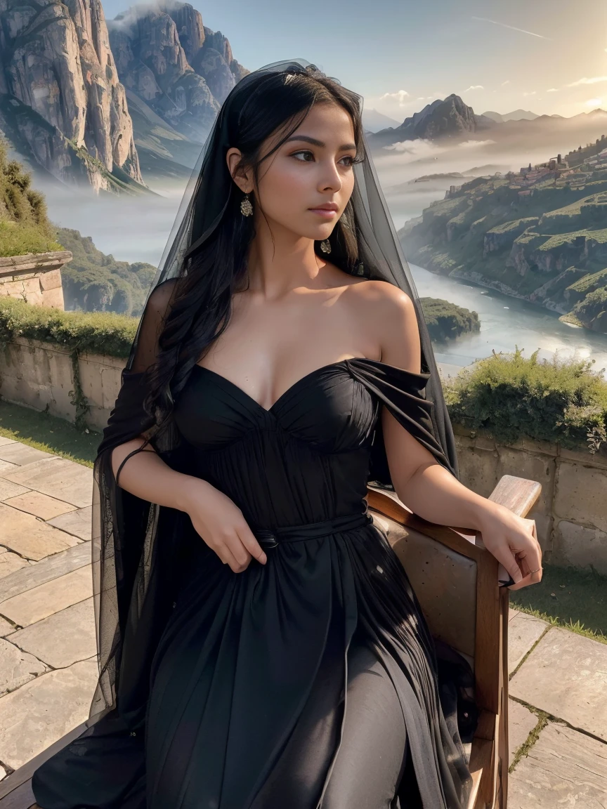 masterpiece, best quality, ultra-detailed, (portrait of a young woman:1.3), (italian:1.5), (smiling:1.2), (mountainous landscape with distant, misty horizons in the background:1.8), (three-quarters pose:1.9), (upper body, arms, and hands included:1.1), (looking at the viewer:1.3), (dark green silk dress with pleats at the front:1.2), (yellow sleeves:1.2), (golden interlaced ornaments and embroidery at the neckline:1.2), (translucent black veil covering hair and visible on the forehead:1.3), (frizzy or finely curled hair falling on the shoulders:1.2), (narrow eyes with distinct outlines:1.2), (gaze following the viewer:1.3), (low-cut bodice revealing the throat and chest:1.2), (slightly exposed left shoulder:1.1), (traditional black veil hairstyle:1.1), (absence of jewelry:1.1), (emphasis on psychological timelessness:1.2), (clear skin contrasting with dark clothing at the center of the image:1.3), (hairless face with no eyelashes or eyebrows:1.1), (sitting on a semicircular wooden chair with armrests and a balustrade:1.2), (left arm firmly on the armrest, right hand resting gently on the left wrist:1.2), (likely on a terrace with arcades:1.1), (parapet and base of columns in the background:1.1), (placed in front of the parapet, blending into the viewer's space:1.2), (mountainous landscape with winding path and river with stone bridge:1.2), (horizon split by her head:1.2), (soft light coming from the left, giving her a luminous complexion in contrast with dark clothes:1.3)