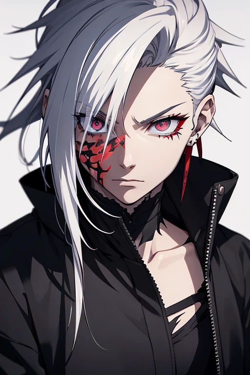 a human, the right eye is corrupted, has some tattoos and black veins in addition to the white pupil, the normal eye is red, Hair is long, smooth and messy, Furthermore, she wears torn clothes and bad tripias, estilo Jujutsu Kaisen anime