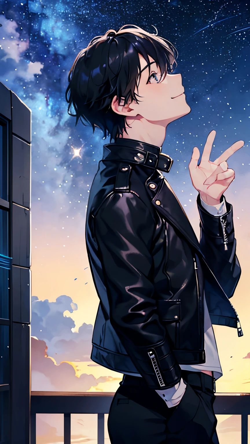 Highest quality、Young man looking up at the sky、smile、profile、Beautiful starry sky after the rain、Many Stars、rooftop、Wearing a black leather jacket、Black Hair、1 male