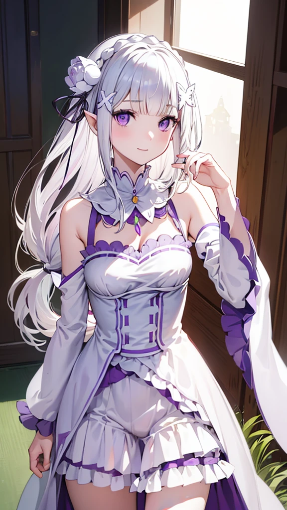 masterpiece, best quality, high resolution, best illustration, super fine illustration, (official art:0.7), (anime screencap:0.8), detailed beautiful face and eyes, anime keyvisual, (perfect anatomy:1.2), 
1girl,
emilia, 
emilia\(re:zero\),
long hair, low-tied long hair, braid, crown braid, 
white hair, 
(purple eyes:1.2), (beatiful detailed eyes:1.2), 
pointy ears, 
flower, hair flower, hair ornament, hair ribbon, white flower, x hair ornament, 
medium breasts, 
dress, pink dress, bare shoulders, detached collar, long sleeves, shoulder cutout, wide sleeves, white sleeves, 
happy smile, 
looking at viewer, 
cowboy shot, 
standing, 
natural light, background of indoor, 