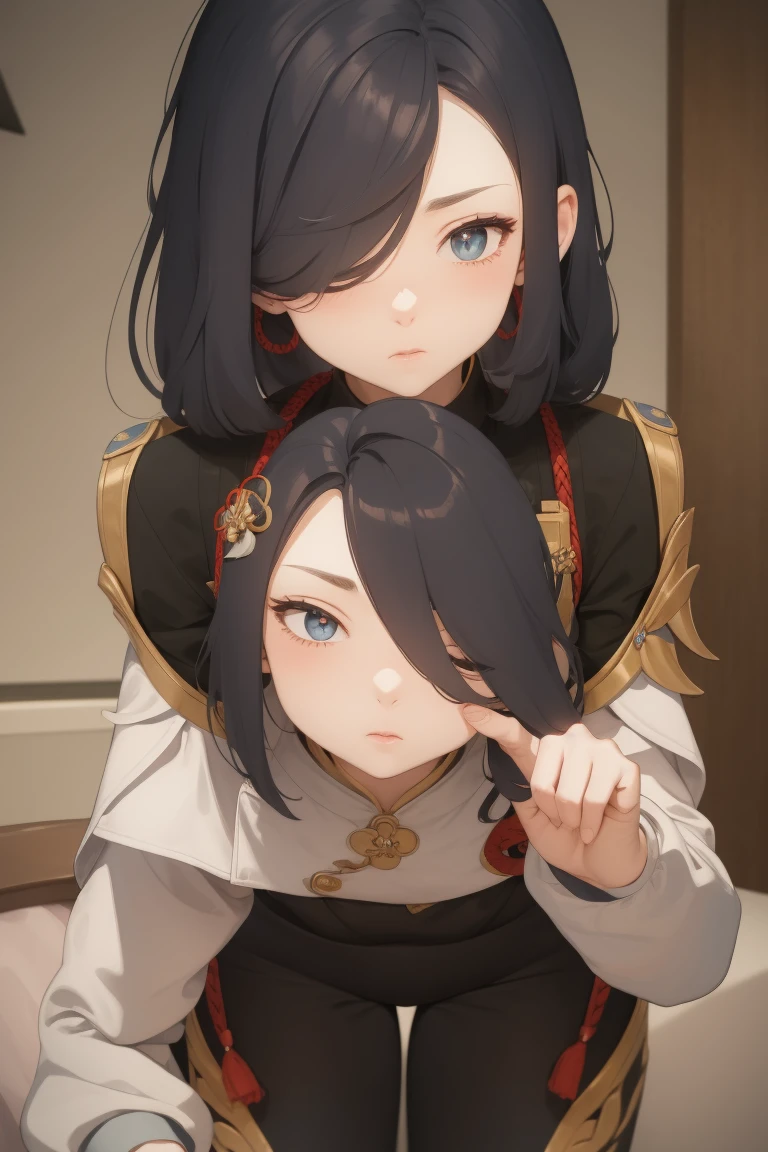 Serious, eyes half closed, front view, distracted, blushing,