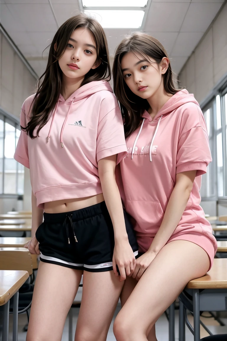 deux femmes ensemble de 18 ans sexy et mince , pink short sleeve hoodie , salle de classe, se touche,position sey,sensuel