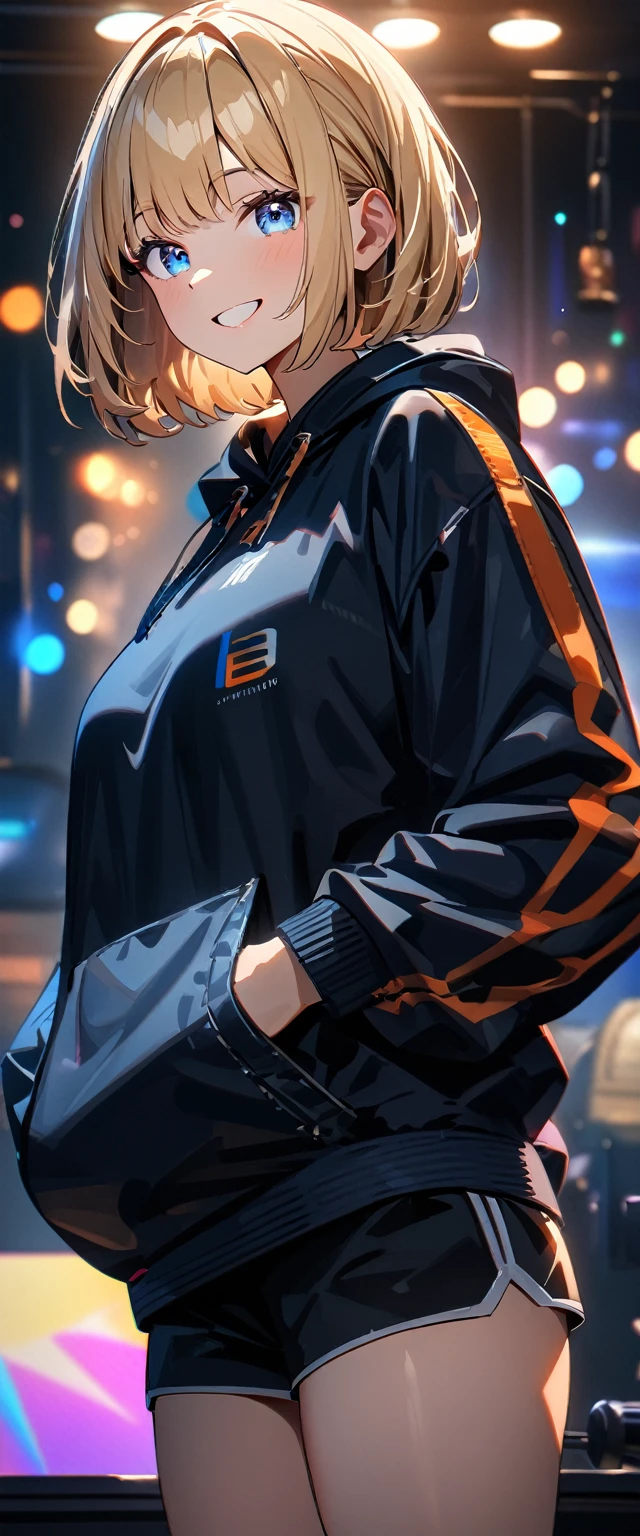 (((One girl))), blond hair, bob cut, (upper body), (looking at viewer), breasts, teenager, head tilt:1.3, (((blue eye))), (from side), hand in pocket, ((happy smile)), black hoodie, black shorts, anime style, (best quality, 4k, 8k, highres, masterpiece:1.2, ultra-detailed, ultra-detailed eyes, HDR, UHD, studio lighting, ultra-fine painting, sharp focus, physically-based rendering, extreme detail description, professional, vivid colors, bokeh)