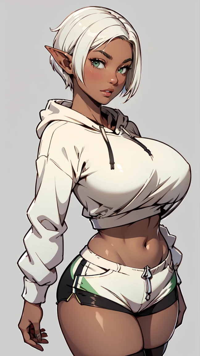(masterpiece, best quality, perfect face, (beautiful and aesthetic:1.2), extremely detailed, highest detailed face), (beautiful short dark elf girl, (white short hair:1.4), (green eyes:1.2), (dark brown skin:1.5), fake breasts, (narrow waist), (thick thighs), wide hips, large thighs, pointy elf ears), (exposed belly:1.2), ((wears micro shorts and a black hoodie:1.4)), ((dark fantasy background)), (high quality, hyperrealistic, CG, unity, 4k),