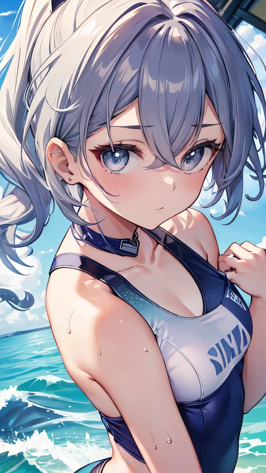 Highest quality:1.1)、(masterpiece:1.2)、(solo)、Close-up、Watching the viewer、Ocean、summer、Sports swimwear,Flowing sweat,Silver Hair,Girl